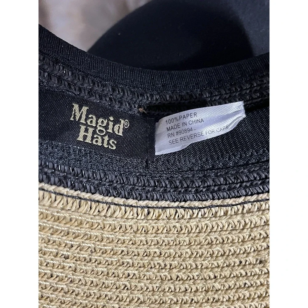 Magid Straw Visor Hat Black Trim Wide Brim Roll-Up Sun Hat w/ Bow‎ 100% Paper